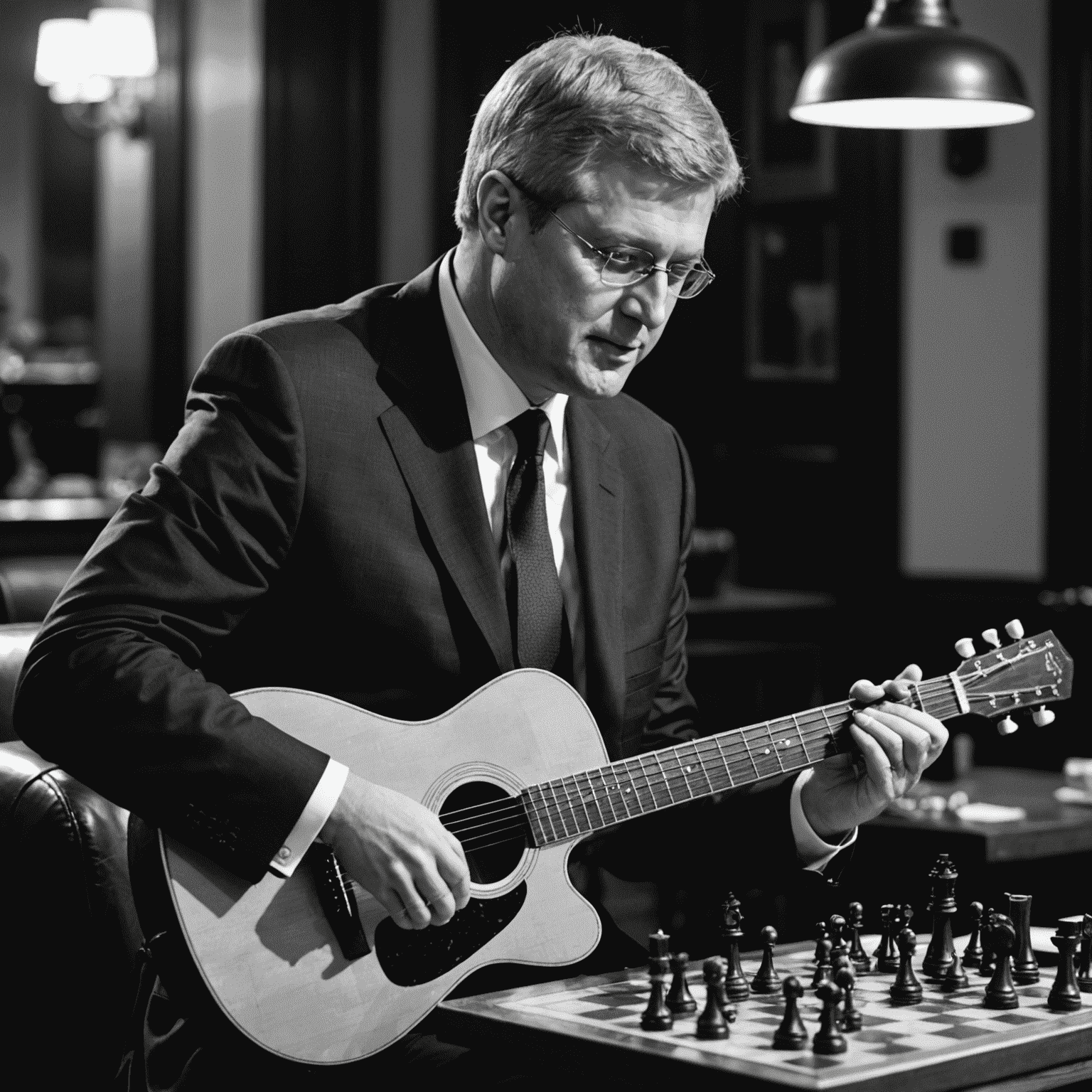 A black and white image of Stephen Harper engaged in one of his hobbies, possibly playing chess or strumming a guitar. The image should capture a moment of concentration and enjoyment, showcasing a side of Harper rarely seen in public.