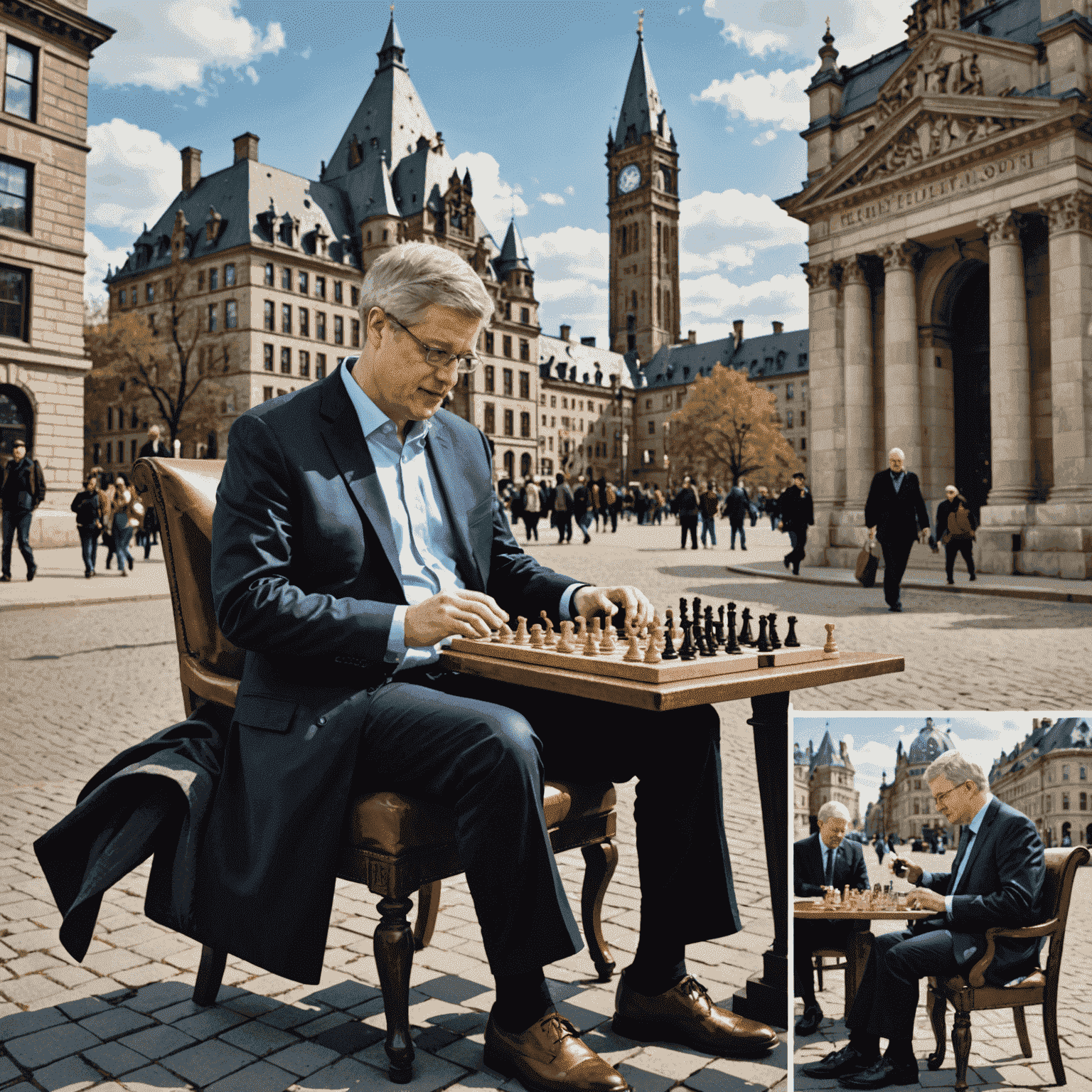 Collage of Stephen Harper engaging in various hobbies: playing chess, taking photographs, reading a book, playing a musical instrument, and standing in front of a historical landmark while traveling