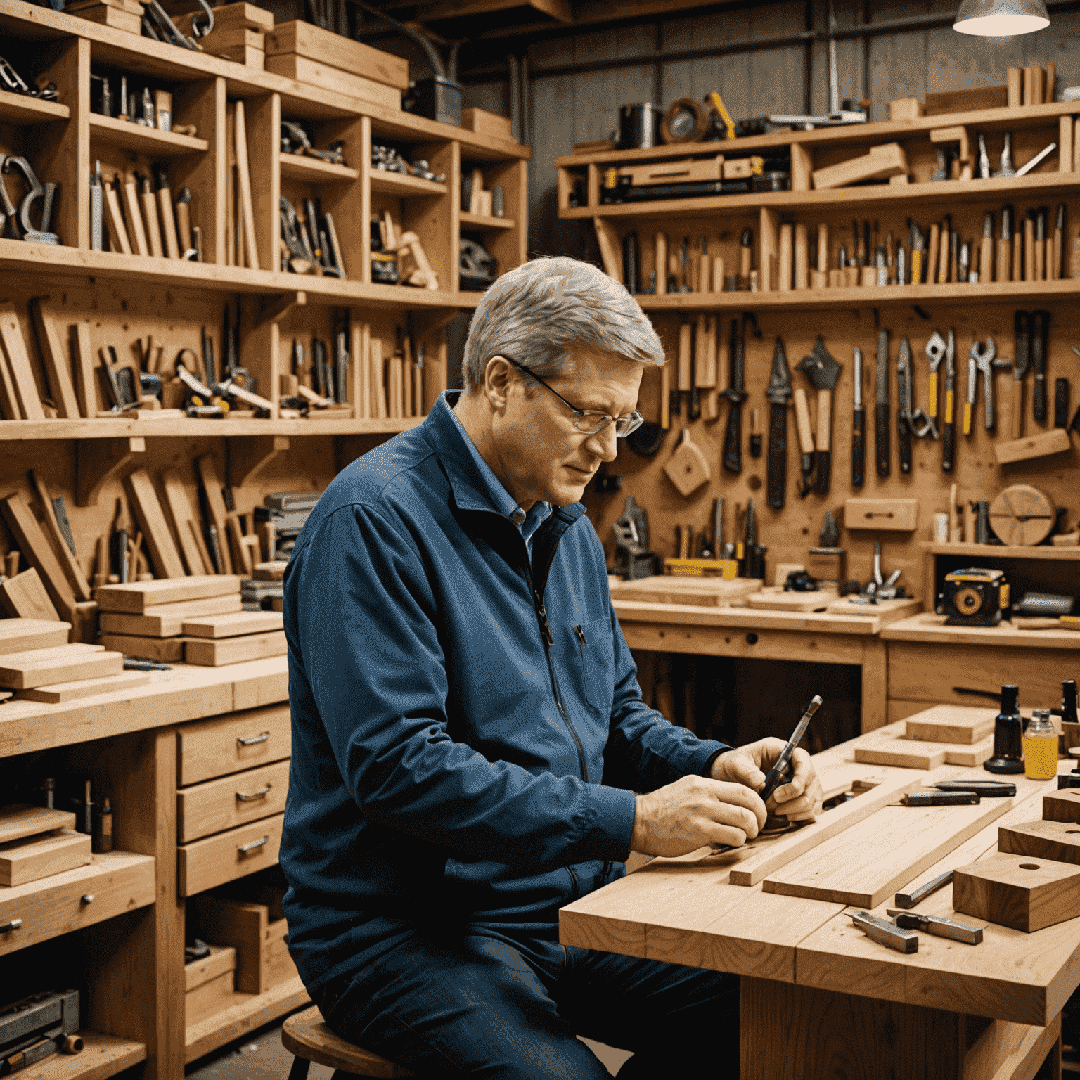 Stephen Harper working on a wooden furniture piece in his workshop, surrounded by various carpentry tools and wood samples.