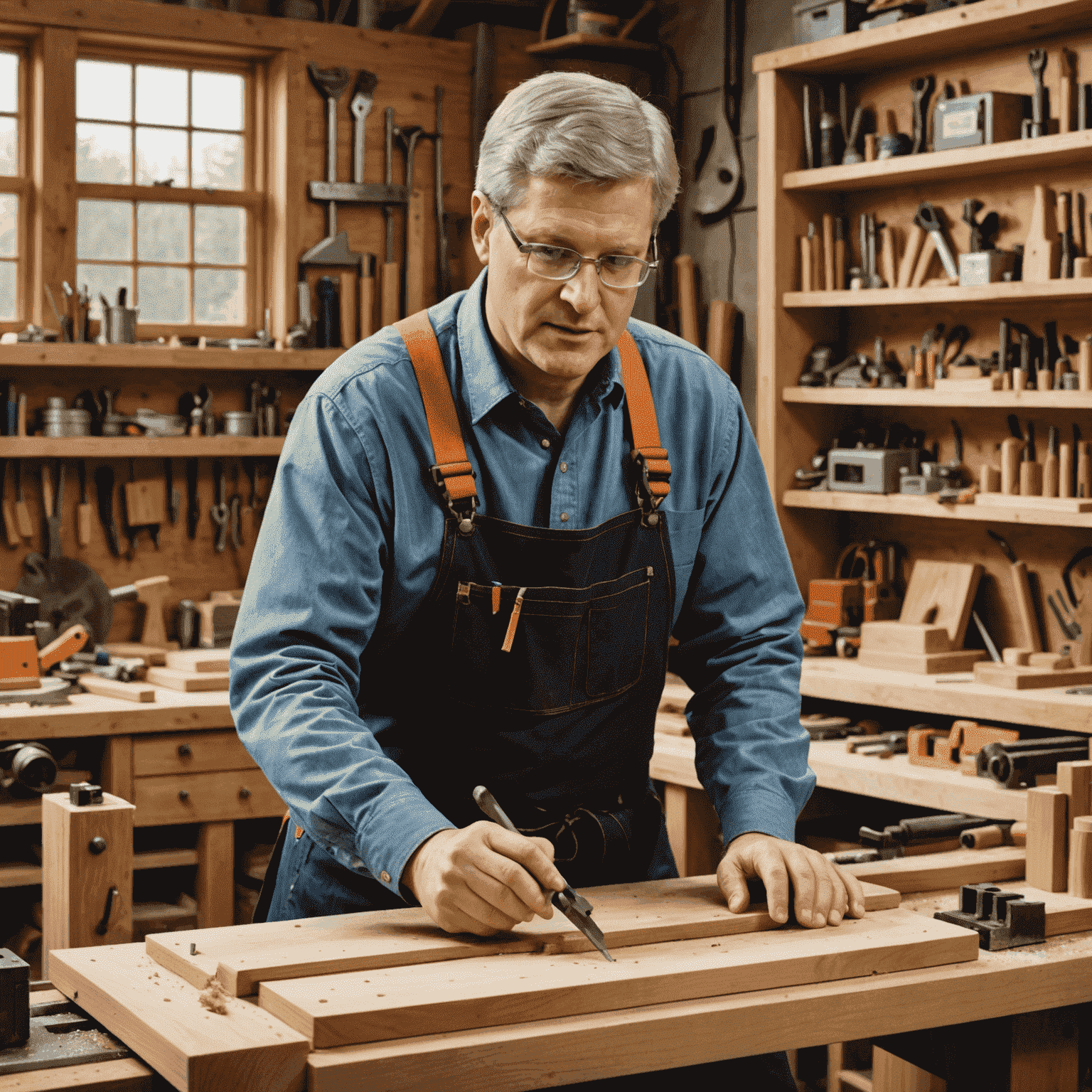 Stephen Harper in his woodworking workshop, wearing safety goggles and a work apron, carefully crafting a wooden piece on a workbench surrounded by various carpentry tools