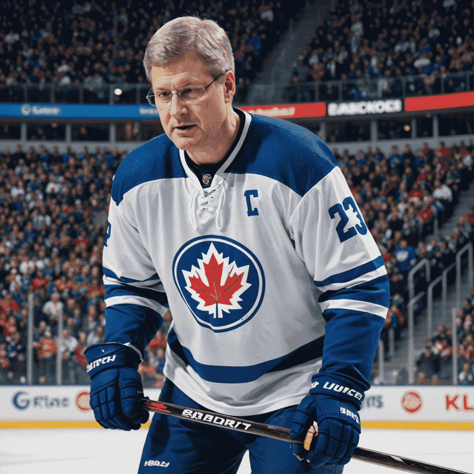 Stephen Harper in a hockey jersey, standing on the ice with a hockey stick in hand, looking focused and determined