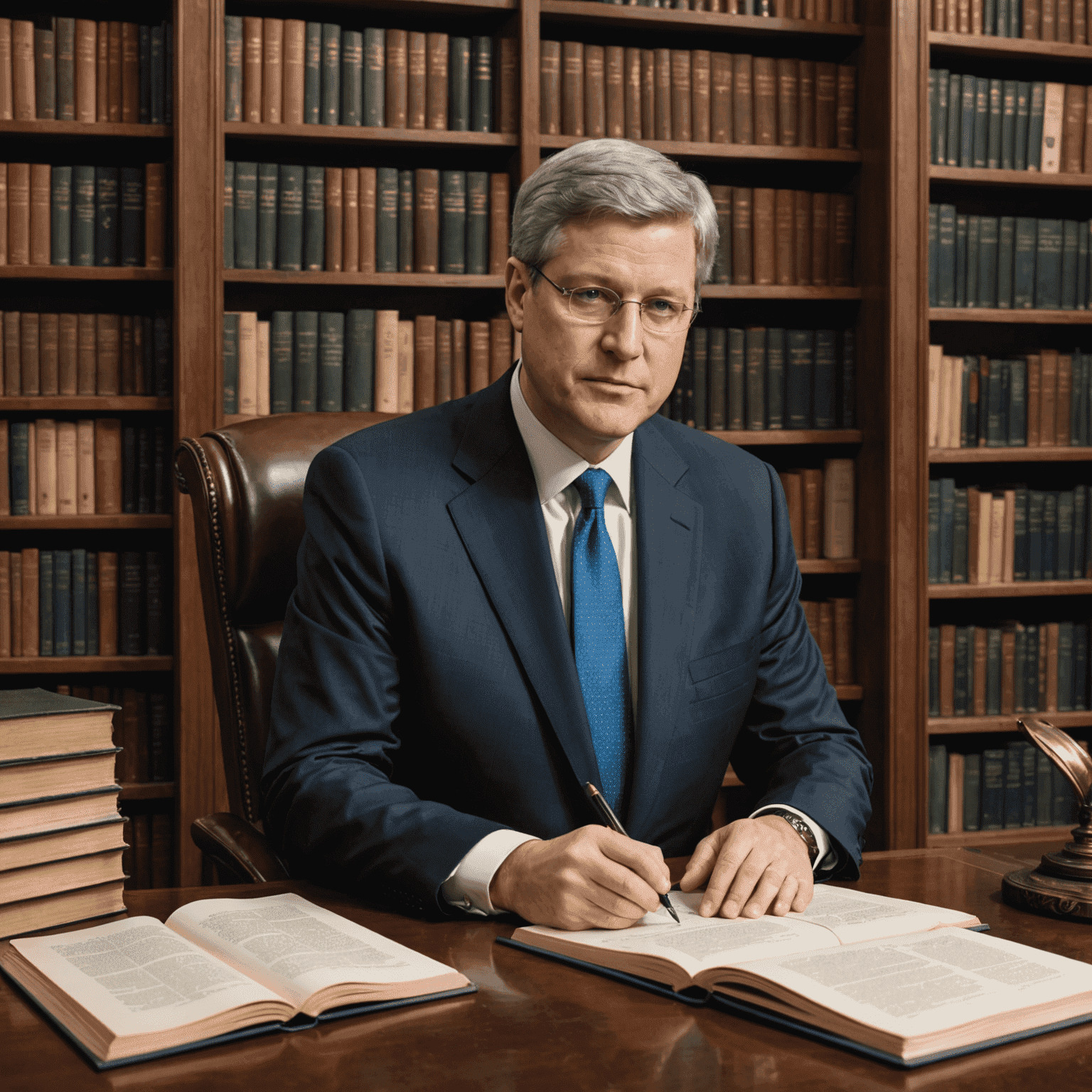 Stephen Harper in his personal library, surrounded by bookshelves filled with a diverse collection of political and historical texts. He is seated at a desk, writing in a notebook.