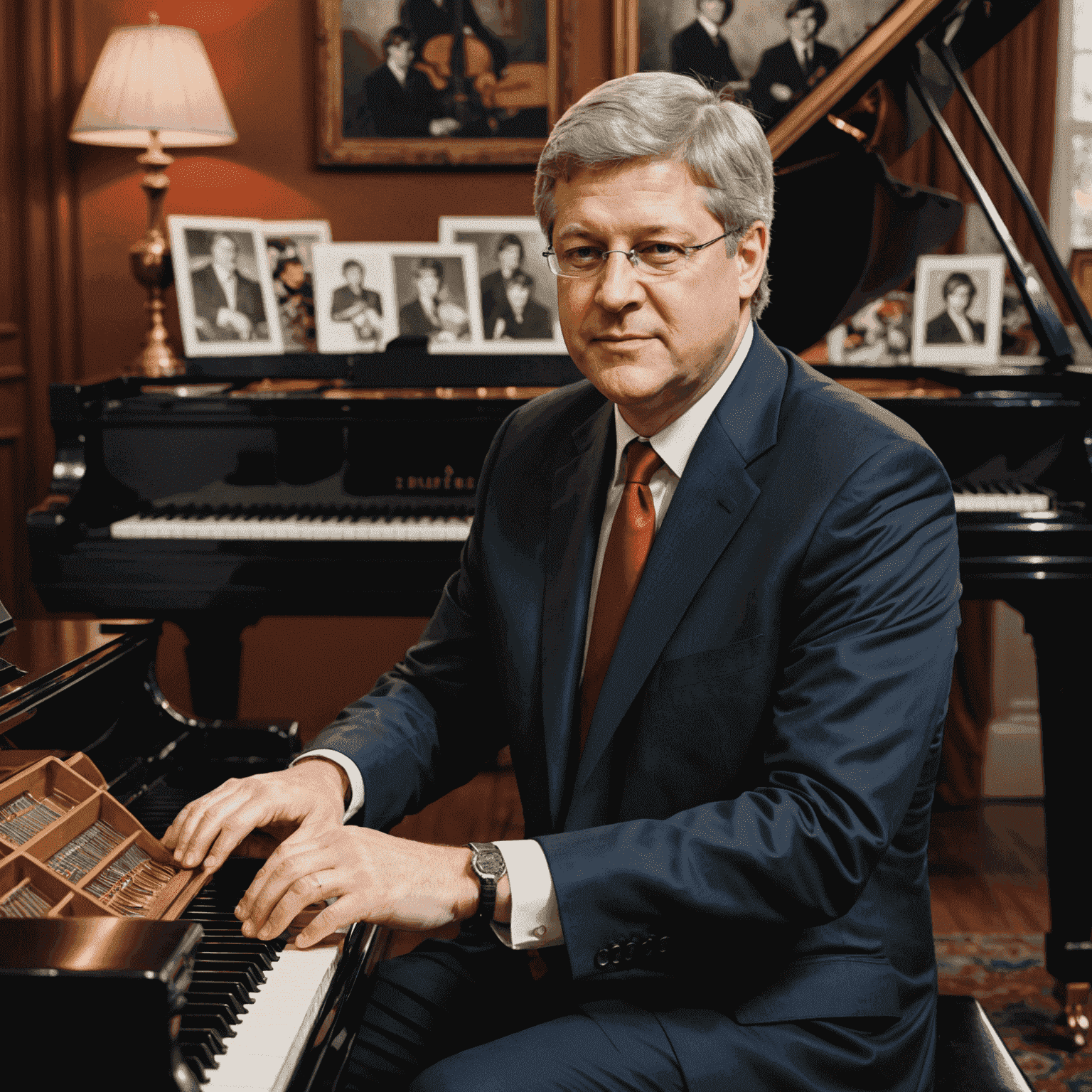 Stephen Harper sitting at a grand piano, his fingers poised over the keys, with Beatles memorabilia visible in the background