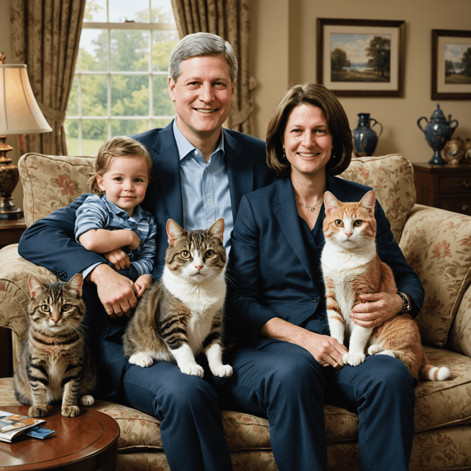 Stephen Harper sitting on a couch with his family, surrounded by two cats. The family is smiling and relaxed, with one cat curled up on Harper's lap and another perched on the back of the couch.