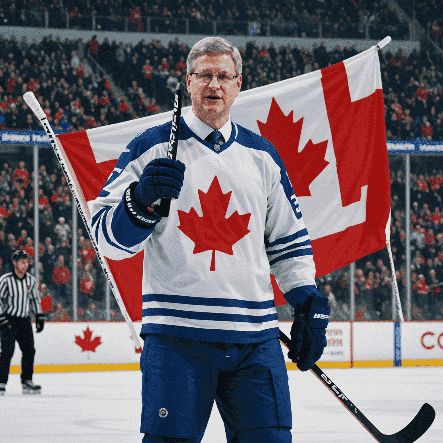 Stephen Harper on an ice rink, wearing hockey gear and holding a hockey stick, with a Canadian flag in the background.