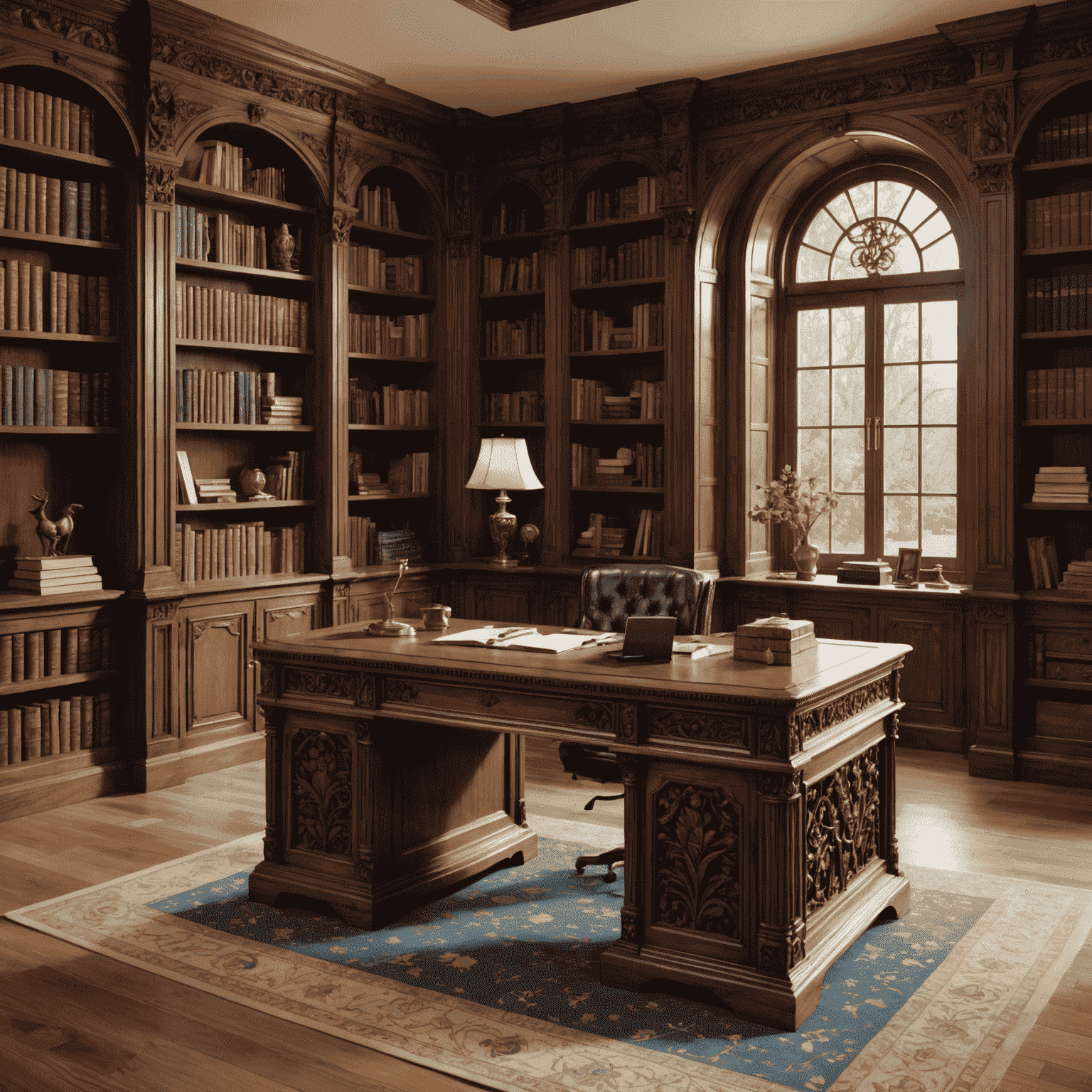 A beautifully crafted wooden writing desk made by Stephen Harper, featuring intricate carvings and a smooth, polished surface, placed in a study surrounded by bookshelves