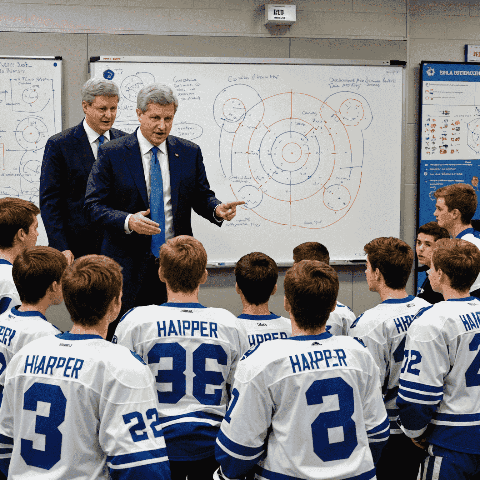 Stephen Harper discussing hockey strategy with a group of young players, pointing at a whiteboard filled with play diagrams