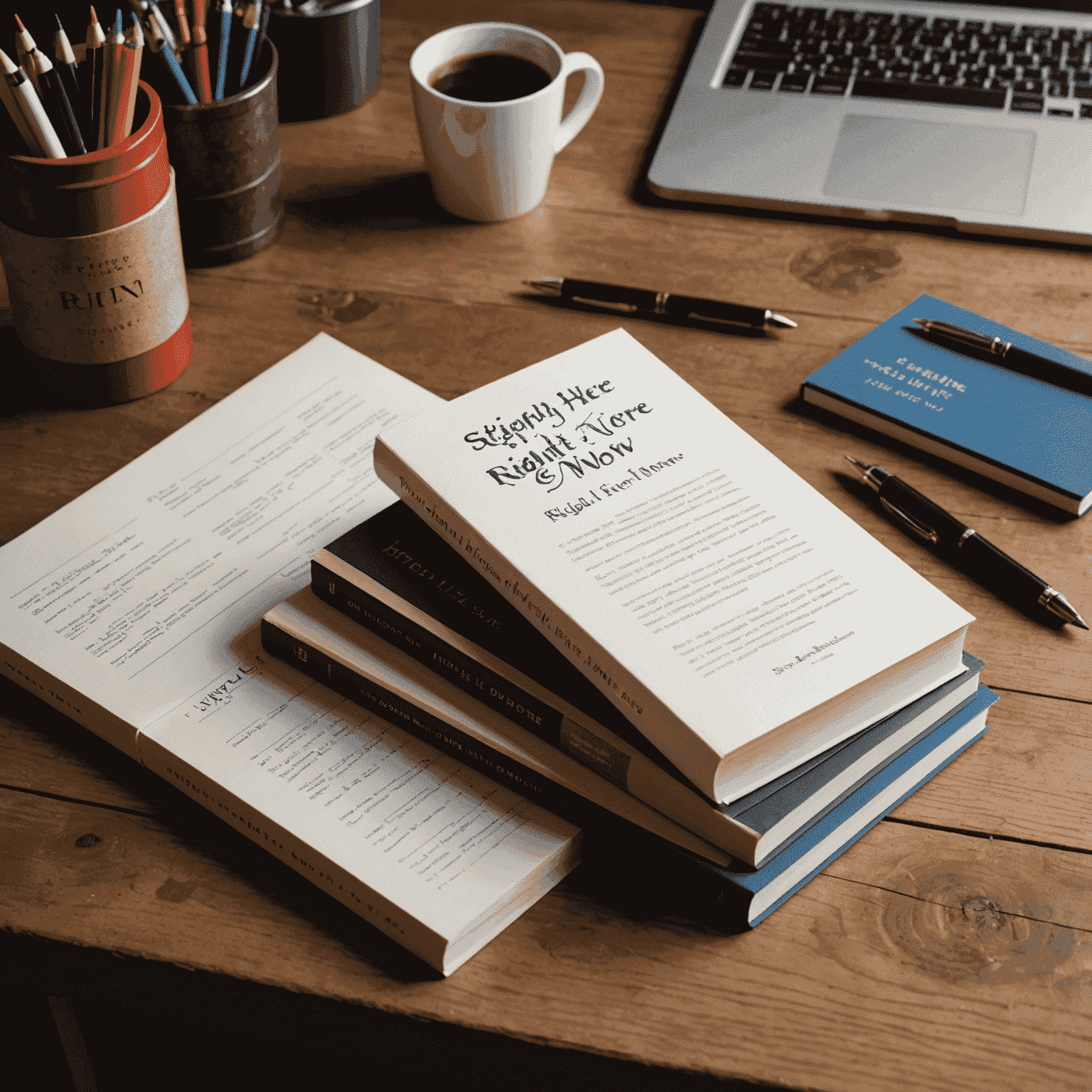 A stack of Stephen Harper's published books, including 'Right Here, Right Now' and 'A Great Game', placed on a wooden desk with a pen and notepad nearby, suggesting ongoing writing projects.