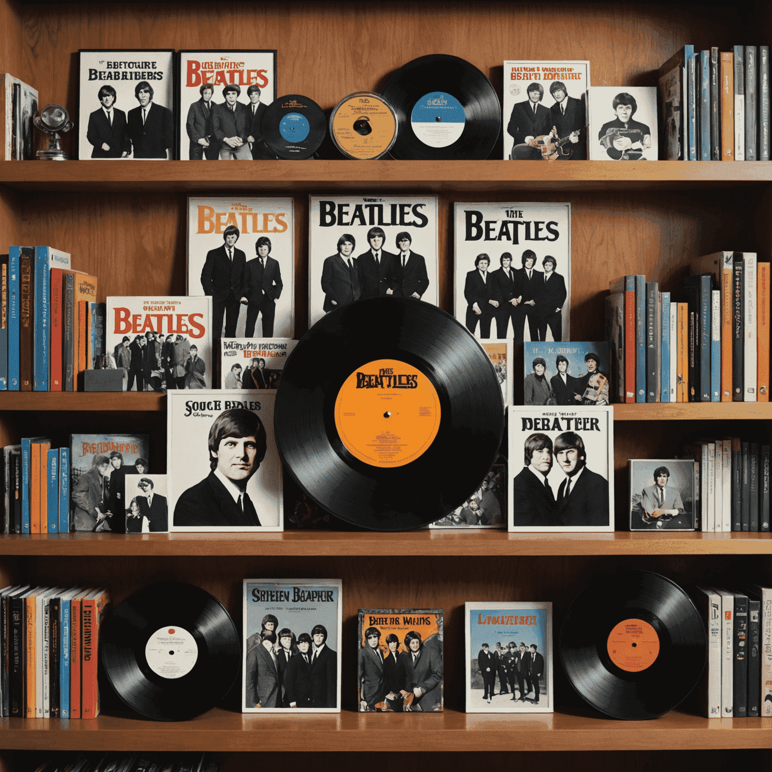 A collection of Stephen Harper's Beatles memorabilia, including vinyl records, posters, and books, arranged on a bookshelf