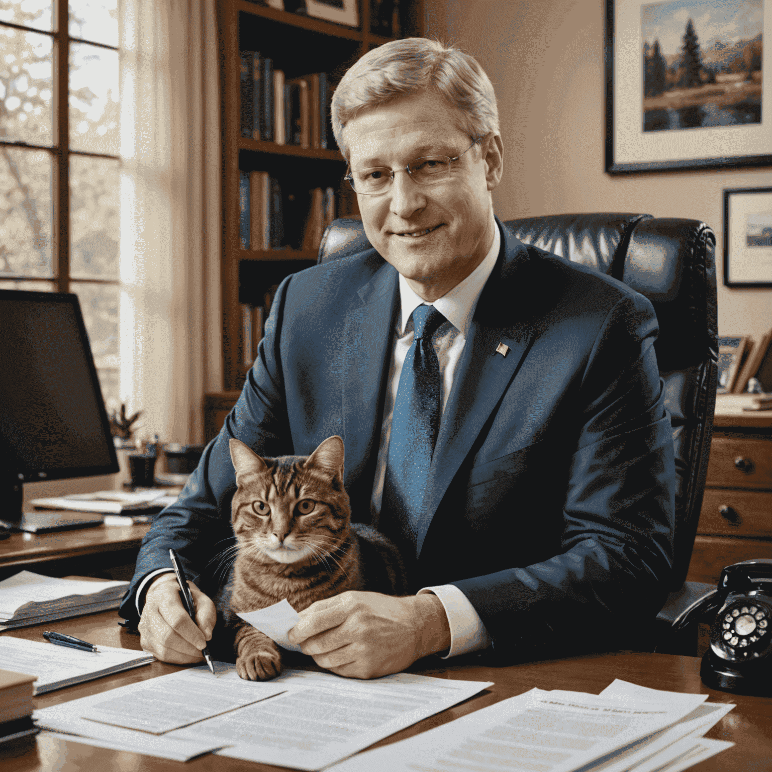 Stephen Harper in his home office, working at a desk with a cat comfortably lounging on top of some papers. Harper is smiling at the cat, showcasing the bond between them.