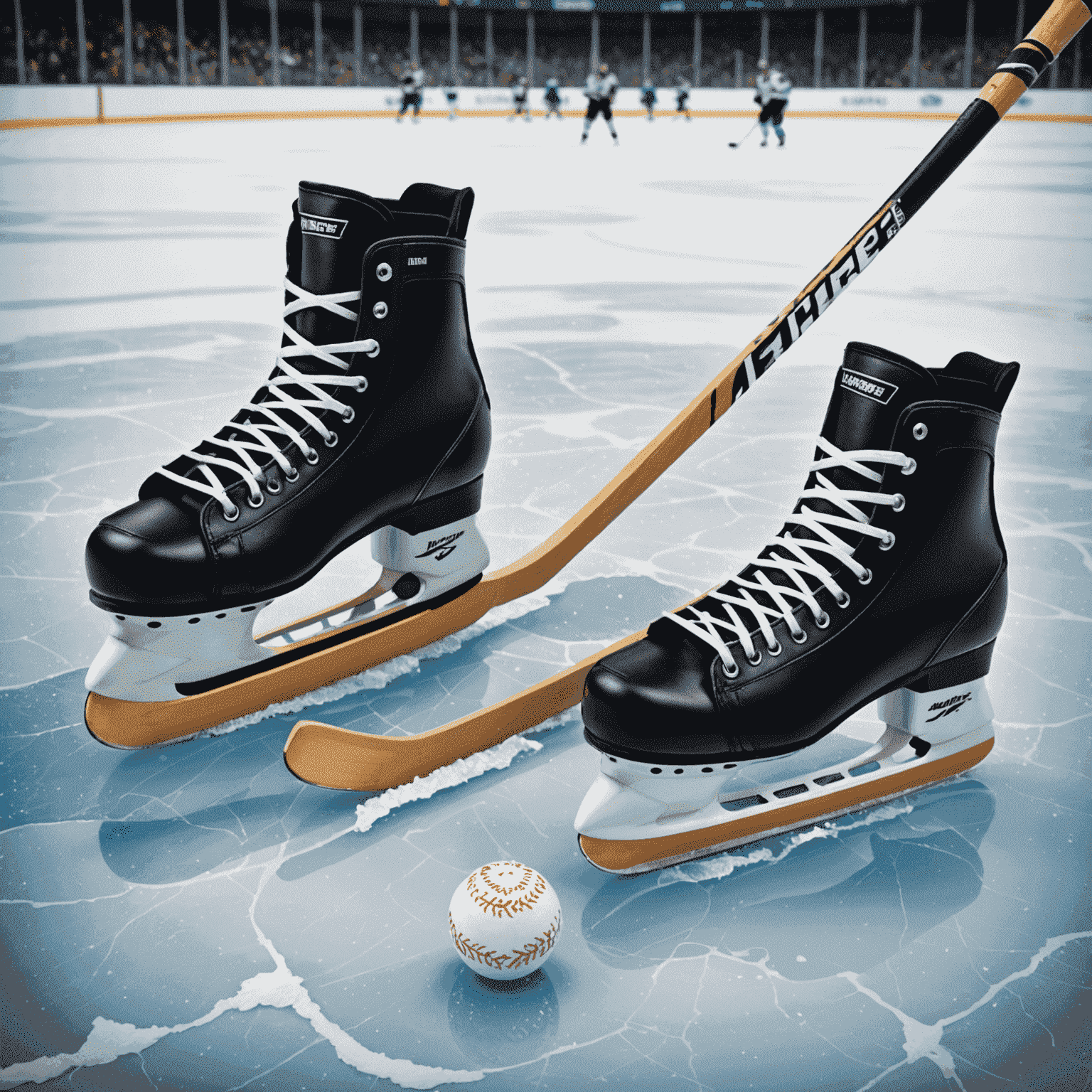 A hockey stick, puck, and skates on ice, symbolizing Stephen Harper's love for hockey