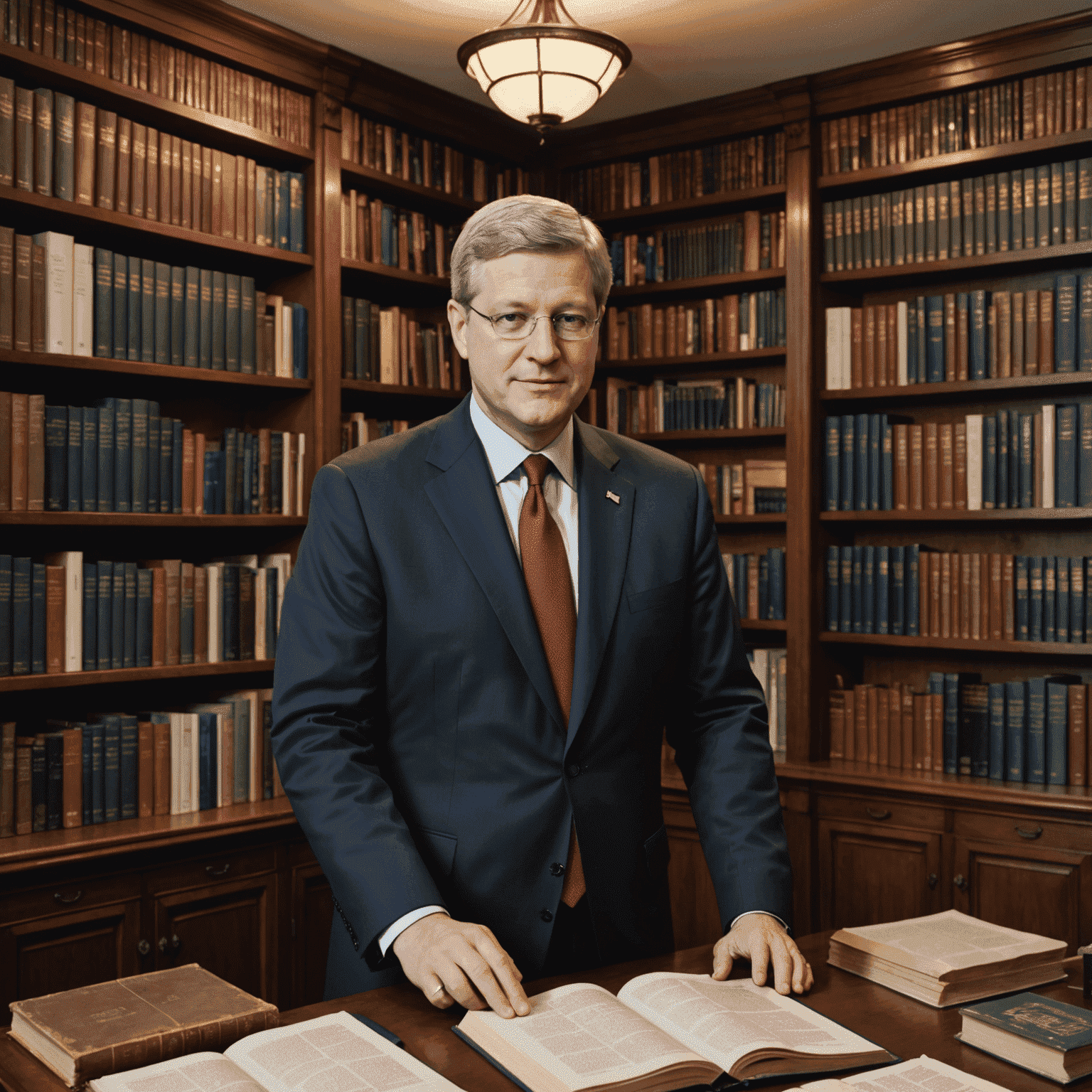 Stephen Harper in his personal library, surrounded by bookshelves filled with political and historical texts, with his own published works prominently displayed.