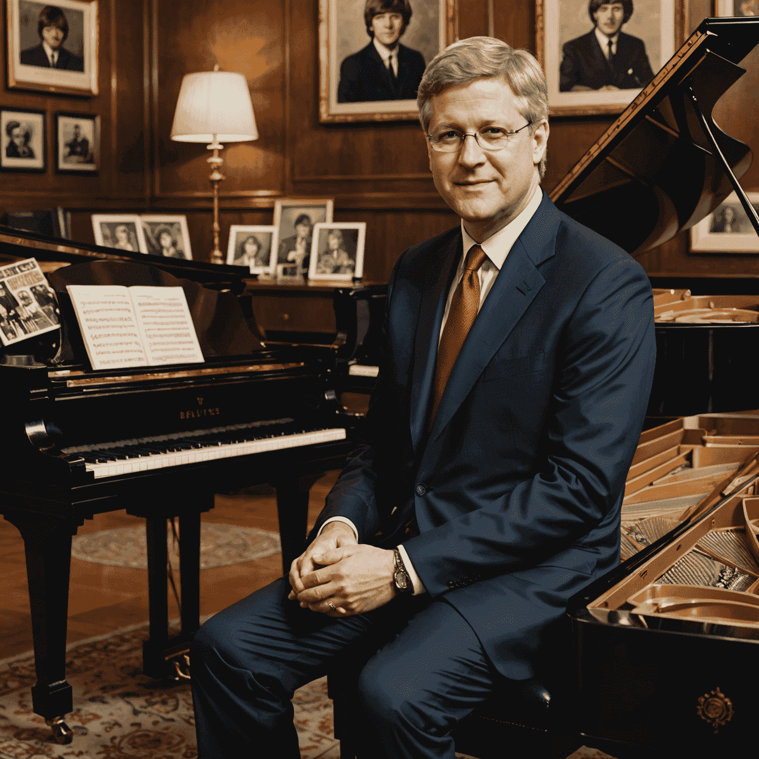 Stephen Harper seated at a grand piano, with Beatles memorabilia and vinyl records visible in the background.