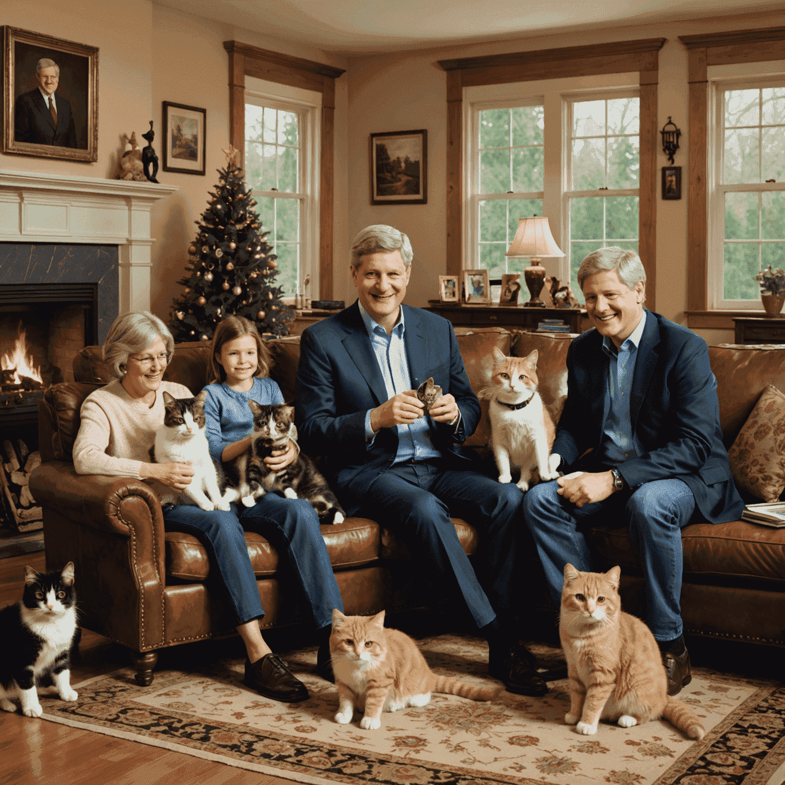 Stephen Harper at home with his family, playing with their cats, in a cozy living room setting.